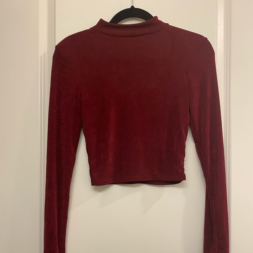 Red crop top shirt with high neck and peep hole back (Small)